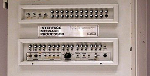 An interface message processor, used to communicate over the ARPANET, an internet predecessor. There are several dials and switches on the box.